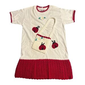 Hand Crafted Ladybug Dress with Matching Purse Crochet Red around White T Shirt